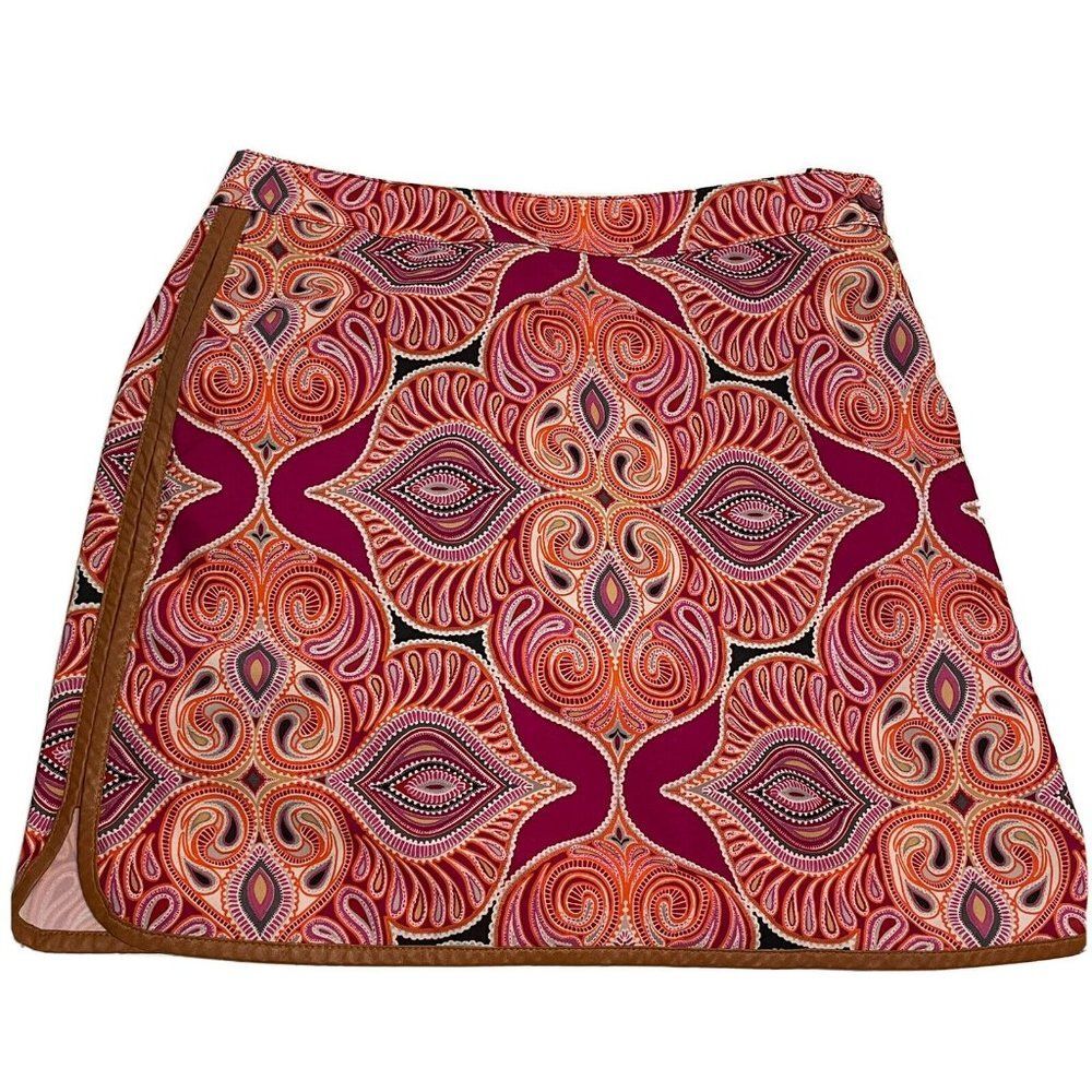EP Pro Pink Geometric Patterned Golf Skort Faux Brown Leather Trim Skirt Shorts